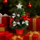 MagicHome műfenyő, díszített, piros, levelekkel, 40 cm