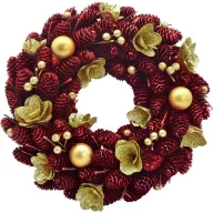   Karácsonyi koszorú, MagicHome Vianoce, átmérő: 37 cm, piros, adventi, függeszthető, beltéri, tobozokkal díszített