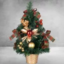 MagicHome műfenyő, 40 cm, zöld piros és arany díszekkel, dekoratív kaspóval