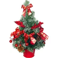   Műfenyő, MagicHome Vianoce, piros, 40 cm, készre díszített, havas hatású, masnikkal, gömbdíszekkel, aranyozott tobozokkal, kosaras talppal, beltéri asztali fenyő
