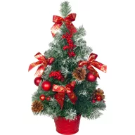   Műfenyő, MagicHome Vianoce, piros, 50 cm, készre díszített, havas hatású ágakkal, piros gömbdíszekkel, szalagokkal, tobozokkal, stabil talppal, beltéri asztali fenyő