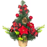   Műfenyő, MagicHome Vianoce, piros, 41 cm, készre díszített, kockás masnikkal, gömbdíszekkel, aranyozott tobozokkal, kosaras talppal, beltéri asztali fenyő