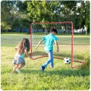 Futballkapu, Neo-Sport NS-450, 183 x 122 x 61 cm, piros keret, fehér PE háló, fém váz, időjárásálló, 4 db rögzítő, könnyű kivitel, szerszám nélkül összeszerelhető