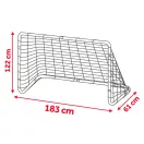 Futballkapu, Neo-Sport NS-450, 183 x 122 x 61 cm, piros keret, fehér PE háló, fém váz, időjárásálló, 4 db rögzítő, könnyű kivitel, szerszám nélkül összeszerelhető