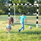 Futballkapu, Neo-Sport NS-465, 300 x 200 x 90 cm, fekete-fehér, fehér PE háló, fém váz, időjárásálló, keretvédő fedéllel, szerszám nélkül összeszerelhető