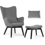   Lábtartós fotel, Sofotel Norse, szürke/fekete, lábtartóval, füles kialakítás, kárpitozott, bükkfa, filccel alábélelt lábak, levehető huzatú párna, skandináv stílus
