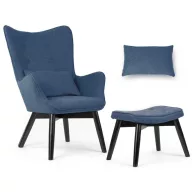   Lábtartós fotel, Sofotel Norse, kék/fekete, lábtartóval, füles kialakítás, kárpitozott, bükkfa, filccel alábélelt lábak, levehető huzatú párna, skandináv stílus