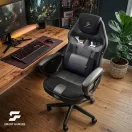 Gamer szék, Sofotel Furon, fekete, 37-57 cm ülésmagasság, gumírozott kerekek, derék- és fejpárnával, 120 kg teherbírás