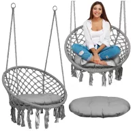   Függőszék, Sofotel Boho, szürke, 80 x 63 cm ülés, fém váz, 100 cm poliészter–pamut kötél, párnával, 150 kg teherbírás, beltéri/kültéri