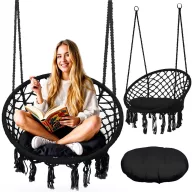   Függőszék, Sofotel Boho, fekete, 80 x 63 cm ülés, fém váz, 100 cm poliészter–pamut kötél, párnával, 150 kg teherbírás, beltéri/kültéri