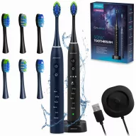   Szónikus elektromos fogkefe szett, Berdsen Galaxy Duo, 2 db, sötétkék és fekete, 6 üzemmód, 3 fokozat, 40 000 rezgés/perc, IPX8 vízálló, akkumulátoros, indukciós töltés, 6 pótfej