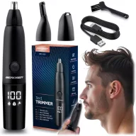   Akkumulátoros orr- és fülszőrnyíró, Berdsen BD-269, fekete, 5W, 3 az 1-ben, LCD-kijelzős, acél penge, Li-Ion 3,7 V 600 mAh, USB-C töltés