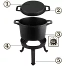 Bogrács szett, Berdsen BD-480, fekete, 8 l, öntöttvas, magasság: 36 cm, háromlábbal, kétoldalas fedél serpenyővel