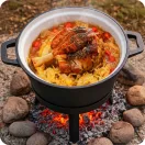 Bogrács szett, Berdsen BD-480, fekete, 8 l, öntöttvas, magasság: 36 cm, háromlábbal, kétoldalas fedél serpenyővel, belül zománcozott