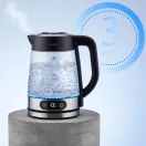 Vízforraló, Berdsen BD-715, 1800 ml, átlátszó, 1850-2200 W, érintőpaneles hőfokbeállítás, fém/üveg ház, szárazonforrás elleni védelem, 360°-os talp, hőmérővel