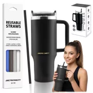   Termosz, Berdsen, 1180 ml, fekete, rozsdamentes acél, szívószálas, meleg és hideg italokhoz, 378900 4 db-os szívószál készlettel