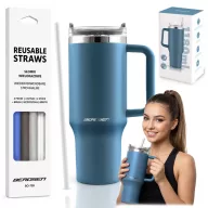   Termosz, Berdsen, 1180 ml, sötétkék, rozsdamentes acél, szívószálas, meleg és hideg italokhoz, 378900 4 db-os szívószál készlettel