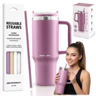   Termosz, Berdsen, 1180 ml, rózsaszín, rozsdamentes acél, szívószálas, meleg és hideg italokhoz, 378901 4 db-os szívószál készlettel