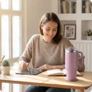 Termosz, Berdsen, 1180 ml, rózsaszín, rozsdamentes acél, szívószálas, meleg és hideg italokhoz