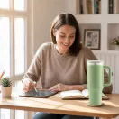 Termosz, Berdsen, 1180 ml, zöld, rozsdamentes acél, szívószálas, meleg és hideg italokhoz, 378901 4 db-os szívószál készlettel