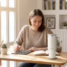 Termosz, Berdsen, 1180 ml, krémszínű, rozsdamentes acél, szívószálas, meleg és hideg italokhoz