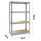 Műhelypolc szett, Plonos PL-702, ezüst, 180 x 90 x 40 cm, 4 polcos, acél, MDF polclapok, állítható polcmagasság, teherbírás: 150 kg/polc, 2 db-os szett