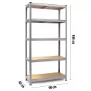 Műhelypolc, Humberg HR-812, ezüst, 180 × 90 × 40 cm, 5 polcos, acél, MDF polclapok, állítható polcmagasság, teherbírás: 175 kg/polc