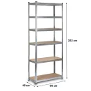 Műhelypolc, Humberg HR-814, ezüst, 222 x 90 x 40 cm, 6 polcos, acél, MDF polclapok, állítható polcmagasság, teherbírás: 150 kg/polc