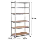 Műhelypolc, Humberg HR-815, ezüst, 222 x 110 x 50 cm, 6 polcos, acél, MDF polclapok, állítható polcmagasság, teherbírás: 150 kg/polc