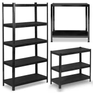   Műhelypolc, Humberg HR-851, fekete, fekete polcok, 180 × 90 × 40 cm, 5 polcos, acél, MDF polclapok, állítható polcmagasság, teherbírás: 175 kg/polc