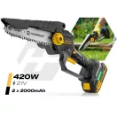 Akkumulátoros láncfűrész, Humberg HM-421, mini, fekete/sárga, 2 x 2 Ah 21 V Li-Ion, vezetősín: 15 cm, 8, 2 m/s láncsebesség, akkumulátorral, töltővel (TE542100)