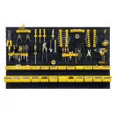 Fali szerszámtartó panel, Humberg HM-580, fekete/sárga, 128 x 76 cm, 6 db panel, 54 db kiegészítő (tárolók, kampók, polcok, kulcstartók) (TE558001)