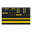 Fali szerszámtartó panel, Humberg HM-580, fekete/sárga, 128 x 76 cm, 6 db panel, 54 db kiegészítő (tárolók, kampók, polcok, kulcstartók) (TE558001)