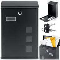   Postaláda, Humberg HM-864, fekete, 39 × 25,5 × 12 cm, galvanizált acél, porszórt, időjárásálló, csendes, felső bedobónyílás, zár 2 kulccsal, ellenőrzőablak