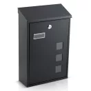 Postaláda, Humberg HM-864, fekete, 39 × 25,5 × 12 cm, galvanizált acél, porszórt, időjárásálló, csendes, felső bedobónyílás, zár 2 kulccsal, ellenőrzőablak