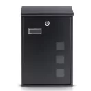 Postaláda, Humberg HM-864, fekete, 39 × 25,5 × 12 cm, galvanizált acél, porszórt, időjárásálló, csendes, felső bedobónyílás, zár 2 kulccsal, ellenőrzőablak
