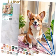   Számfestő készlet, Massido, Corgi kutyus minta, 40 x 50 cm, színes, vászon alap, számozott, ecsetekkel és festékekkel