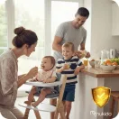 Etetőszék, Nukido Timo, fa, fehér, állítható ülés és lábtartó, levehető tálcával, 3 pontos biztonsági öv, puha betét, összecsukható, teherbírás: etetőszékként: 15 kg, székként: 50 kg