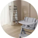 Etetőszék, Nukido Timo, fa, szürke, állítható ülés és lábtartó, levehető tálcával, 3 pontos biztonsági öv, puha betét, összecsukható, teherbírás: etetőszékként: 15 kg, székként: 50 kg