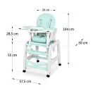 Etetőszék, Ricokids Sinco, türkiz, előkével, dönthető háttámla, kivehető dupla tálca, 4 kerekes láb, 2 kerék fékezhető, 5 pontos biztonsági öv, átalakítható asztallá és székké, teherbírás: 15 kg