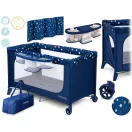 Utazó gyerekágy, Ricokids RK-240, sötétkék, 125 x 65 cm, magasság: 78 cm, levehető oldalsó bejárat, 2 fékezhető kerék, összecsukható, matraccal, teherbírás: 15 kg