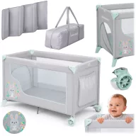   Utazó gyerekágy, Ricokids RK-240, szürke-menta, 125 x 65 cm, magasság: 78 cm, levehető oldalsó bejárat, 2 fékezhető kerék, összecsukható, matraccal, teherbírás: 15 kg