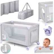   Utazó gyerekágy, Ricokids RK-240, szürke-levendula, 125 x 65 cm, magasság: 78 cm, levehető oldalsó bejárat, 2 fékezhető kerék, összecsukható, matraccal, teherbírás: 15 kg