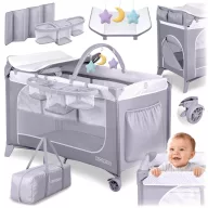   Utazó gyerekágy, Ricokids RK-241, szürke, 125 x 65 cm, magasság: 78 cm, levehető oldalsó bejárat, 2 fékezhető kerék, összecsukható, matraccal, pelenkázóasztallal, teherbírás: 15 kg