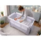 Utazó gyerekágy, Ricokids RK-241, szürke, 125 x 65 cm, magasság: 78 cm, levehető oldalsó bejárat, 2 fékezhető kerék, összecsukható, matraccal, pelenkázóasztallal, teherbírás: 15 kg