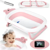   Utazó gyerekkád, Ricokids RK-282, fehér/rózsaszín, 96 x 51 cm, összecsukható, LCD hőmérővel, hőérzékelős dugóval, teherbírás: 45 kg, 0–6 éves korig