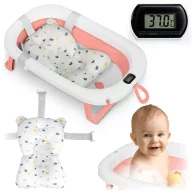   Utazó gyerekkád, Ricokids RK-287, fehér/rózsaszín, 85 x 45 cm, 45 l, összecsukható, hőmérővel, hőérzékelős dugóval, kivehető párnával, teherbírás: 45 kg, 0-3 éves korig
