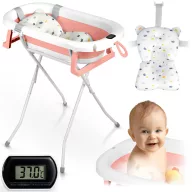   Utazó gyerekkád, Ricokids RK-287, fehér/rózsaszín, 85 x 45 cm, 45 l, összecsukható, hőmérővel, hőérzékelős dugóval, kivehető párnával, állvánnyal, teherbírás: 45 kg, 0-3 éves korig