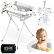   Utazó gyerekkád, Ricokids RK-287, fehér/szürke, 85 x 45 cm, 45 l, összecsukható, hőmérővel, hőérzékelős dugóval, kivehető párnával, állvánnyal, teherbírás: 45 kg, 0-3 éves korig