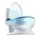 Gyerek bili, Ricokids RK-290, fehér/kék, WC-szerű kialakítás, fedéllel, kivehető tartállyal, csúszásgátló talp, stabil, műanyag, hangjelzéssel, teherbírás: 50 kg, elemes (2 x AAA - nem tartozék)